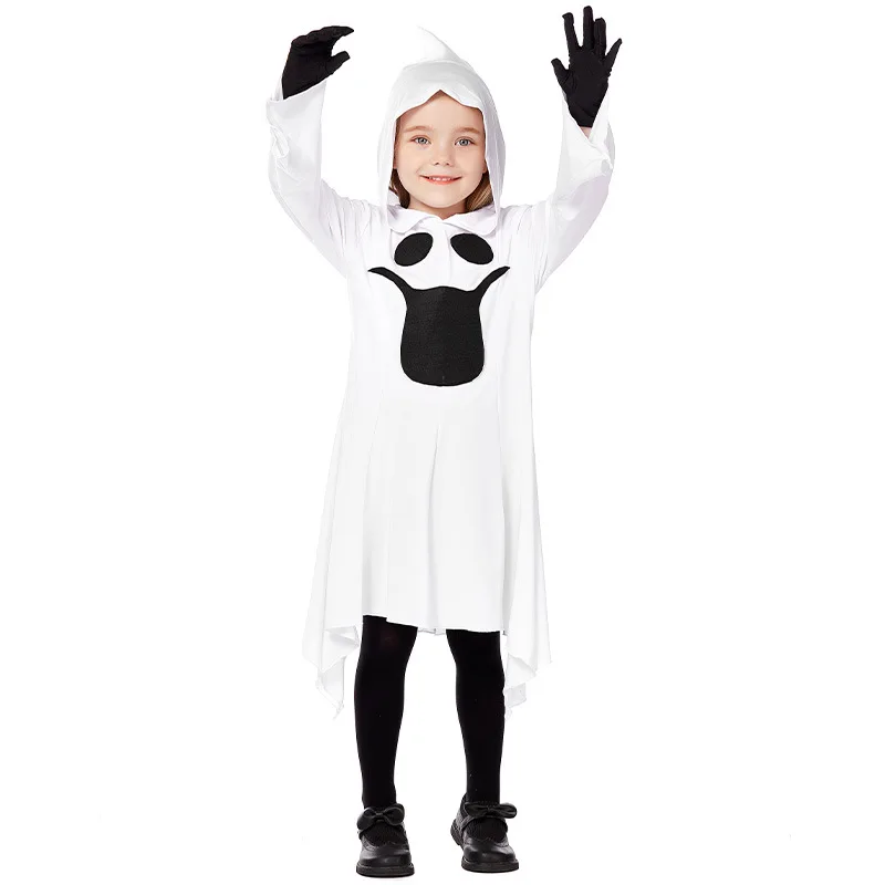 

Cosplay Shy White Ghost Wide Sleeve Pointy Hat Printing Dress for Kids Funny Funny Dress Up for Halloween Costume