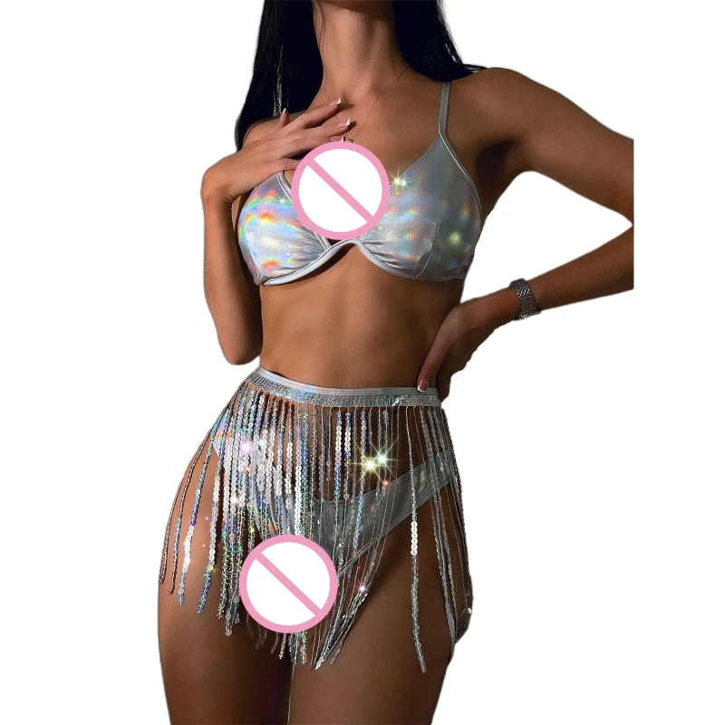 

F1FD Metallic Bikini-Strippy Bathing Suit Beach-Holographic-Tassel Skirt Sequin Skirt