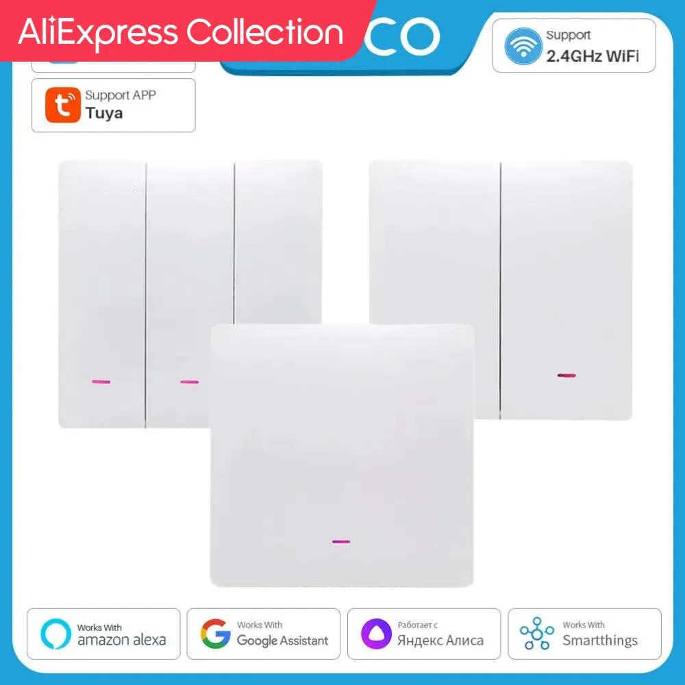 ELIVCO Smart Wifi Button Switch Wall Light Switch 1 2 3 Gang, no neutral wire required Tuya Smart Home AliExpress Collection support