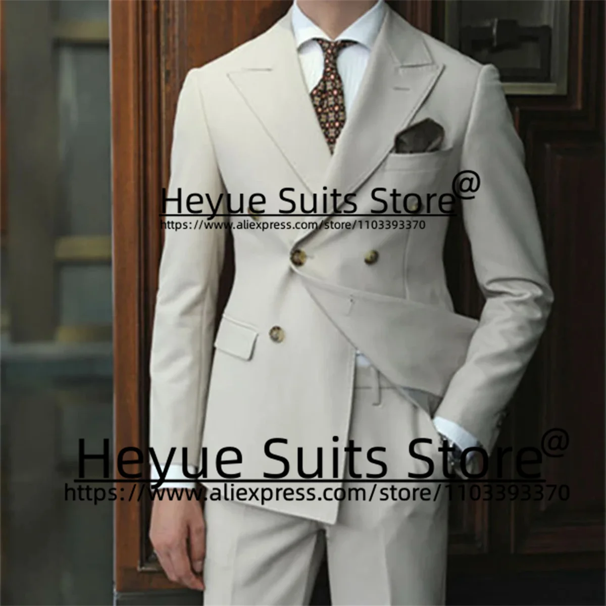 

Luxuly Double-breasted Wedding Men Suits Slim Fit Peak Lapel Groom Formal Tuxedos 2 Pcs Sets Business Male Blazer Costume Homme