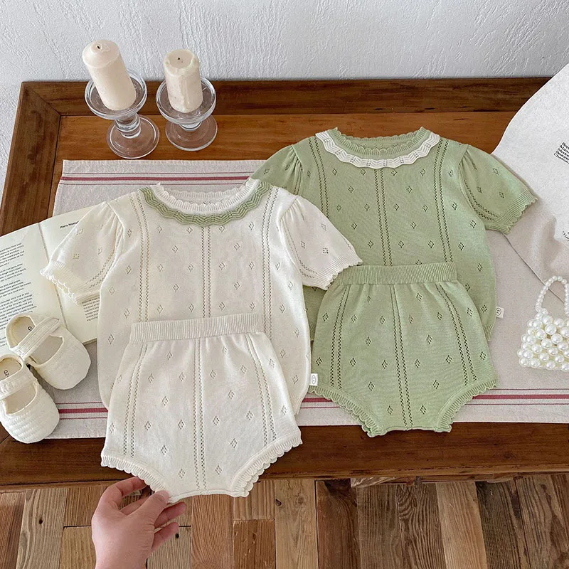 

NEW Children's Thin Knitted Set 0-4 Y Summer Girl's Lace O-neck Top And Bloomer 2 Pcs Set Toddler Outfit ﻿