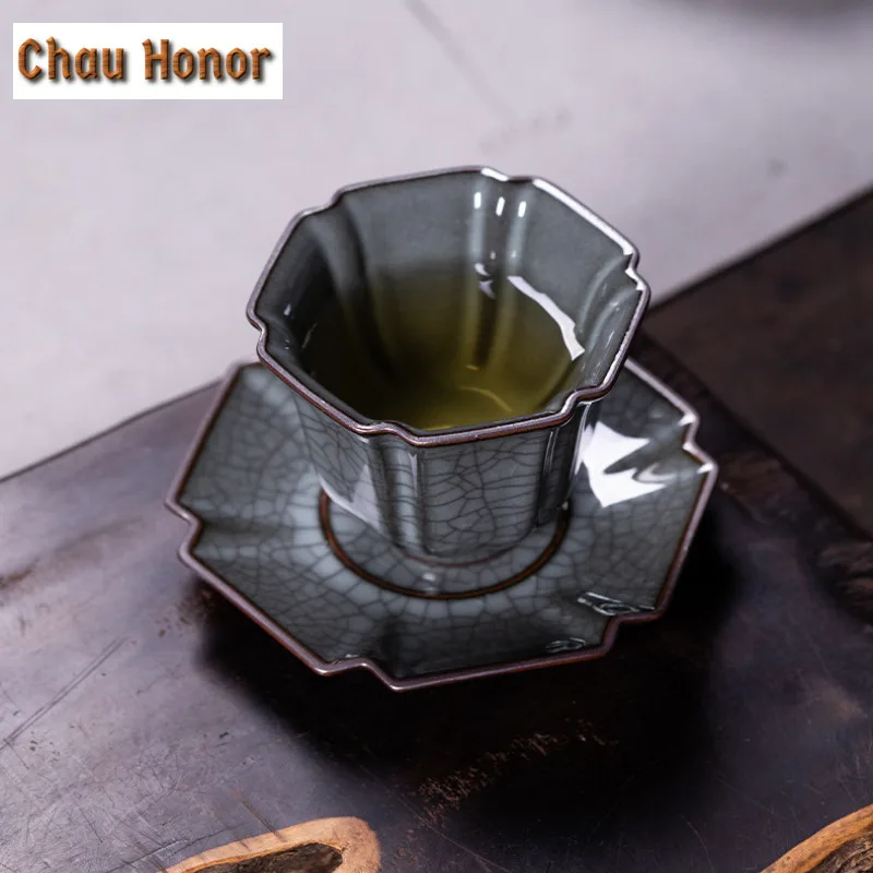 85ml Handmade Longquan Celadon Iron Tire Teacup Tea Bowl Beautiful Cup Saucer Kit Tea-tasting Mug Chazhan Master Cups Drinkware