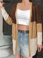 Autumn Sweaters Women 2024 VONDA Irregular Color Matching Cardigan Casual Lacing Loose Oversize Street Fashion Jumpers Tops 1