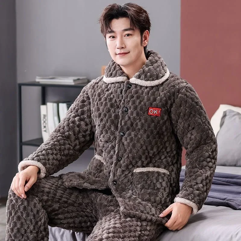 2024 New Men Pajamas Lapel Homewear Thickened Velvet Loungewear Three-layer Cotton Flannel The Plus Size Warm Sleepwear Suit