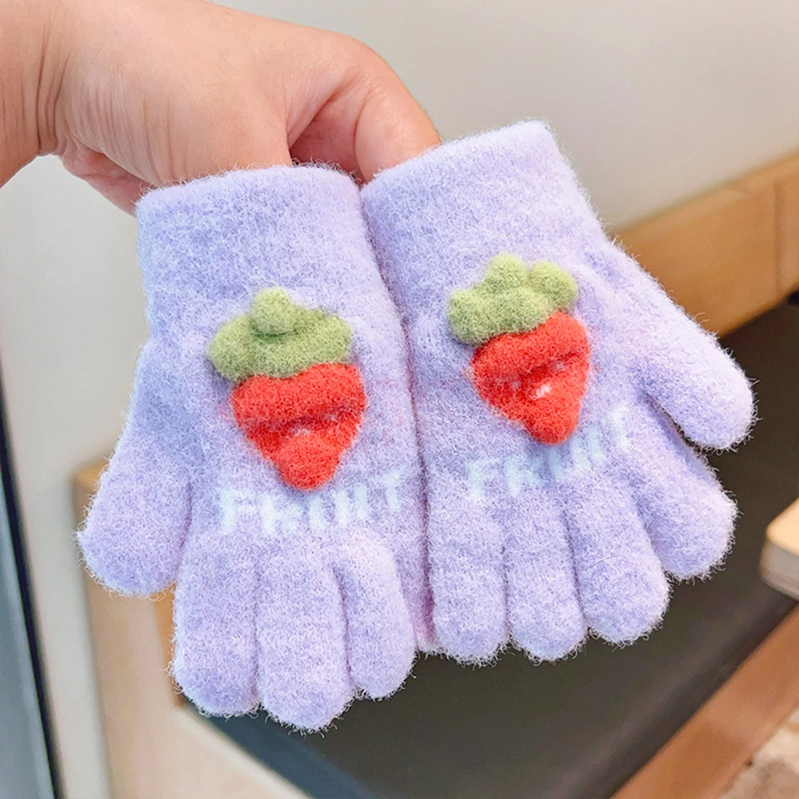 Toddler Baby Girls Winter Gloves Strawberry Soft Knit Gloves Warm Indoor Outdoor Mittens Unisex Infant Thicke Full Rope