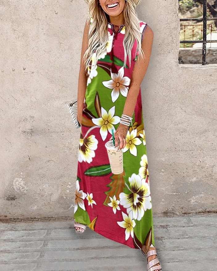 

Vintage Dresses for Women 2024 Spring Sleeveless New Loose Striped Colorblock Tropical Floral Print Maxi Dress Beach Holiday