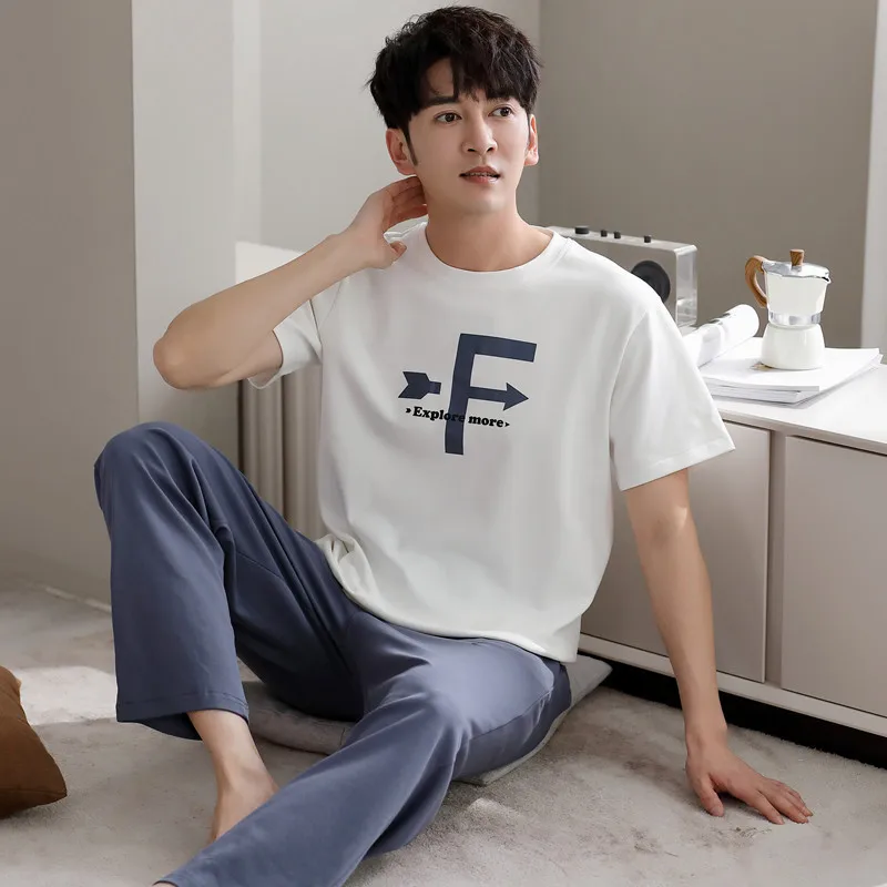 남성용 코튼 파자마 세트, 상의 및 긴 바지, 여름 캐주얼 운동복, 남성용 큰 야드 L-XXXL 파자마, 드롭쉽, 2 개/세트
