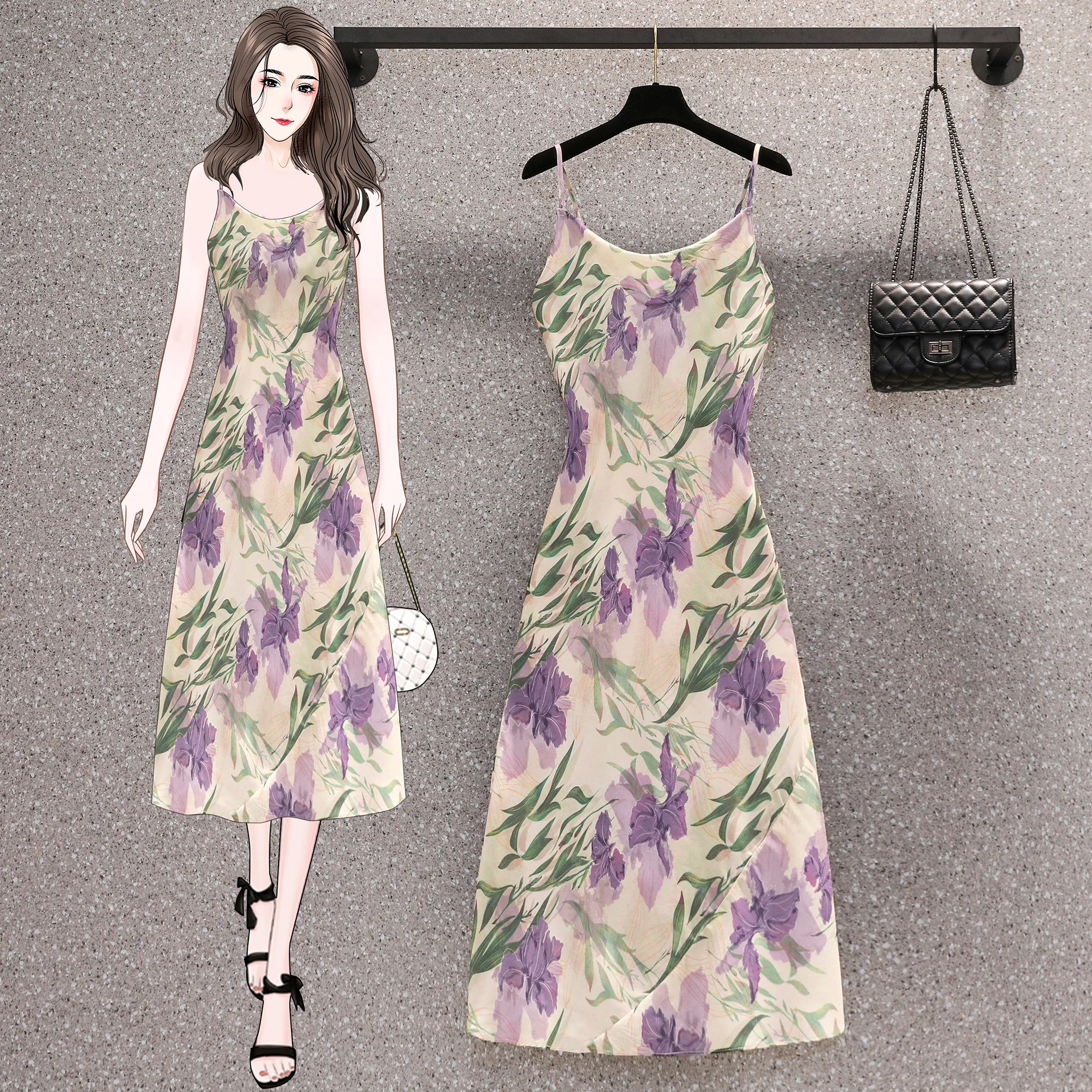

Purple Floral Vintage Sling Long Dress for Women Summer Elegant Bodycon Sexy Club Dress 2024 Korean Fashion Luxury Party Vestido