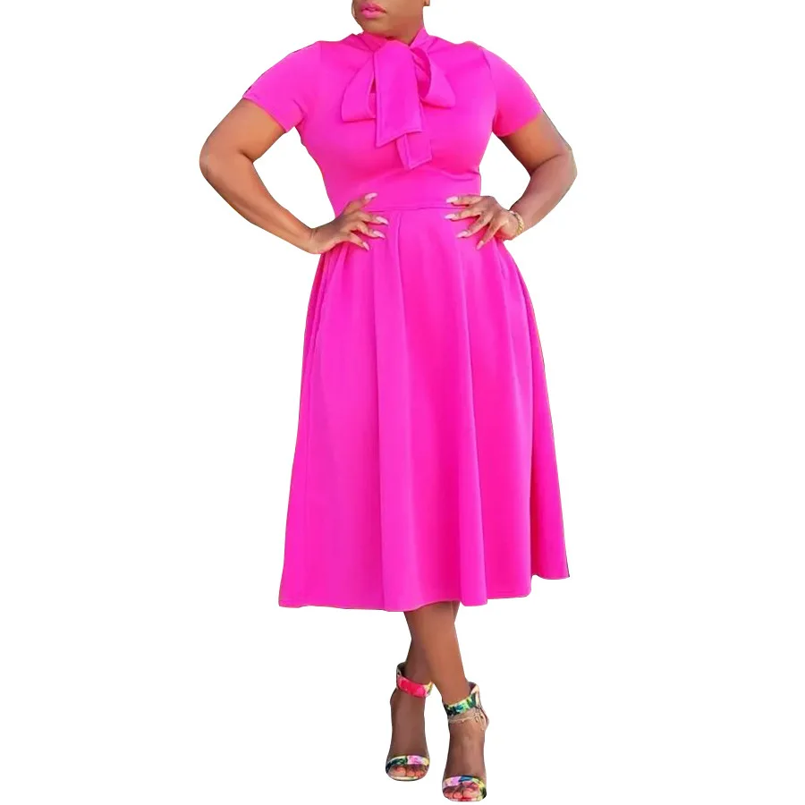 

African Dress For Women Lace Up Neck Short Sleeve Empire Robes Summer New Fashion Solid Elegant Office Lady African Dress 2023