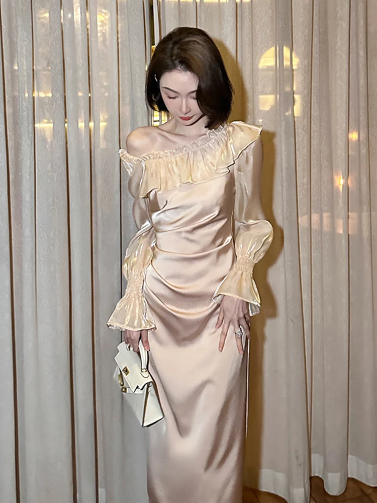 

French Champagne Dress Long Sleeve Dress for Women