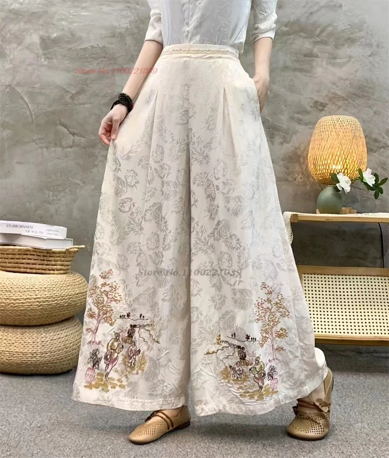 chinese vintage pants flower embroidered pants women traditional wide leg trousers national satin jacquard folk loose