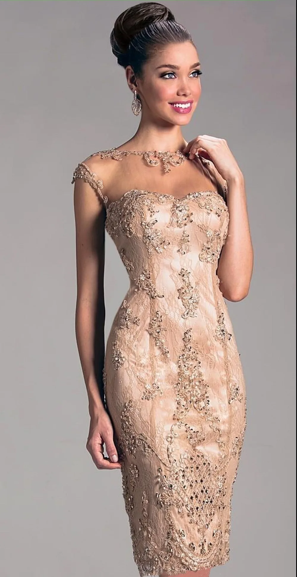 Mother Bride Dresses Champagne Mermaid Mother of the Bride Dress Cap Sleeve Jewel Lace Crystal Beaded Short Ceremony Banquet Wedding Guest Prom Gowns