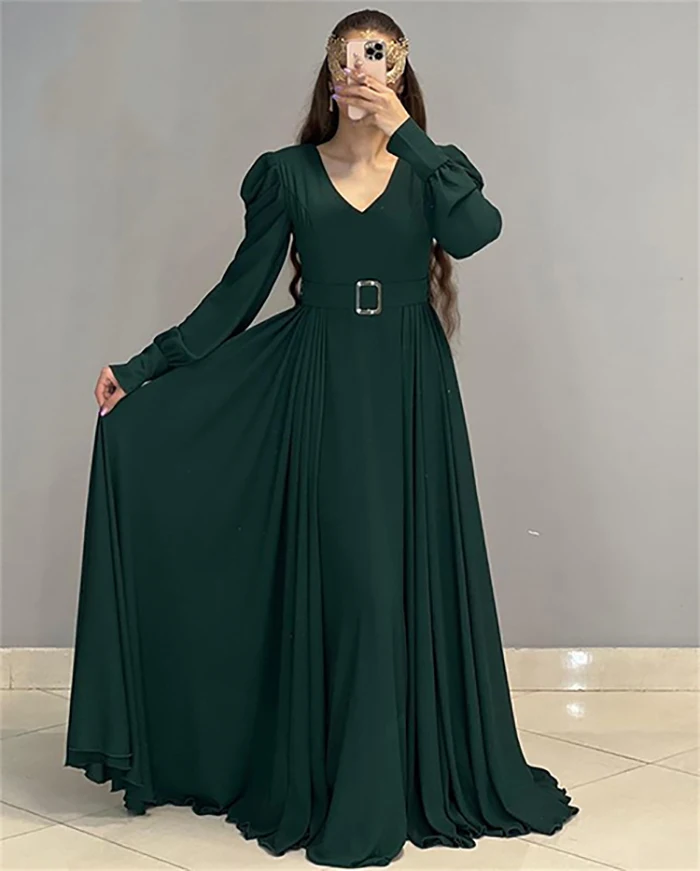 Sumnus Chiffon A Line Evening Dress With Sashes V-Neck Pleats Princess Women Party Prom Gowns Plus Size Custom Made formal gowns Evening Dresses