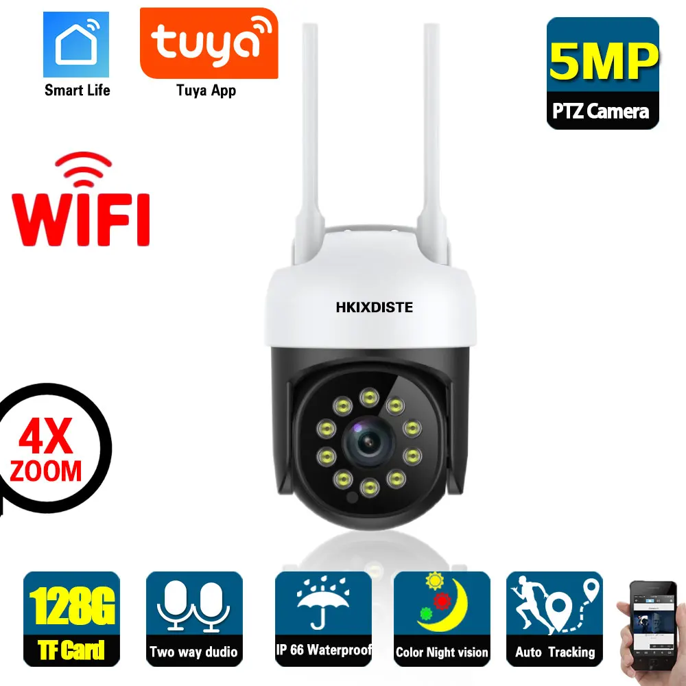 Tuya 5Mp Wifi Ip Camera Outdoor Auto Tracking Ptz Telecamera Wireless Full Color Night Cctv Videocamera Di Sorveglianza Smart Life