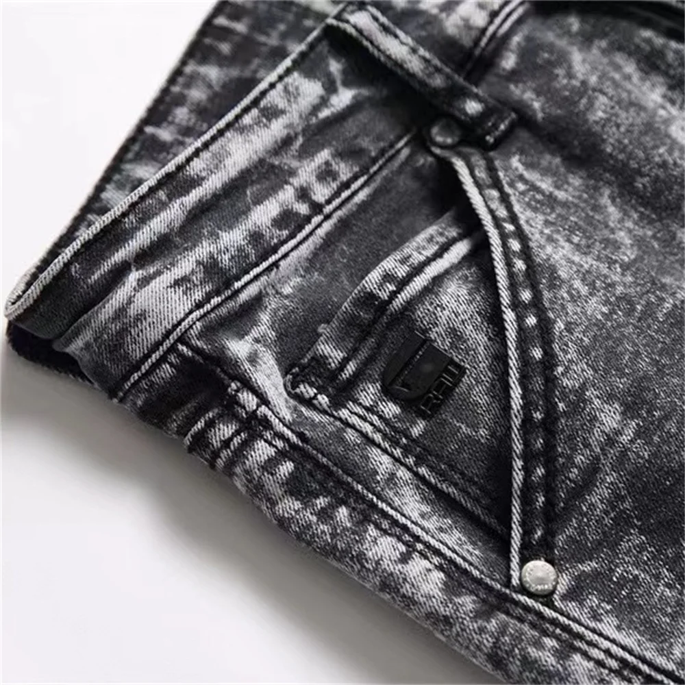 Summer Spliced Men's Jeans 3D Marble Style Slim Fit Black Grey Gradient Pants High Elastic High Street Dirty Resistant  EH · MD®