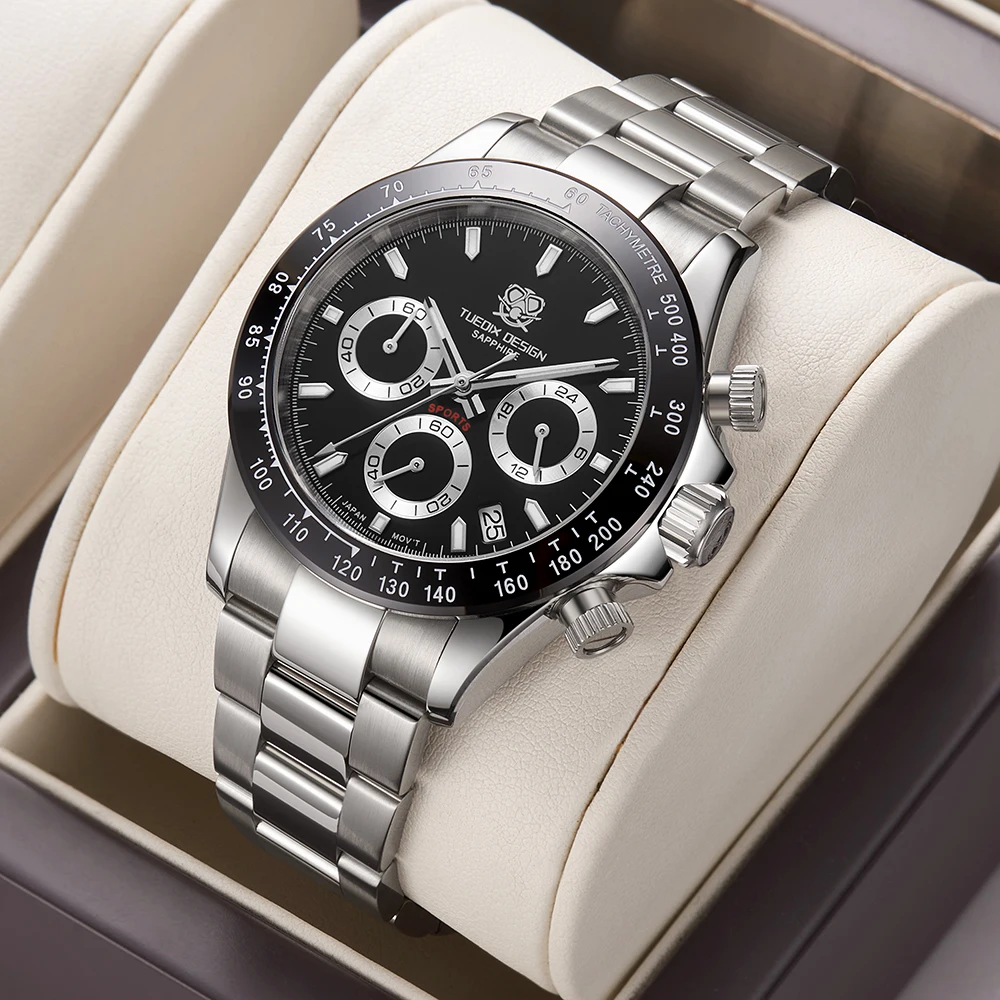TUEDIX Luxury Fashion Business Quartz Watch for Men Gift 40mm VK63 Sapphire Crystal 10Bar Waterproof Wristwatch Solid 316L Steel
