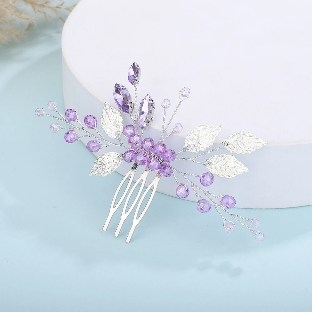 Purple Silver Crystal Leaf Hair Comb Prom Party Rhinestone Women Headpieces Wedding Accessories Bridal Headwear Bridesmaid Gift hair accessories bridal hair accessories