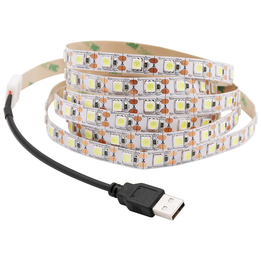 Bande lumineuse LED USB 5050, 5V, blanc froid/blanc chaud, 60 gible/m, 30cm/50cm/1m/2m/3m/4m/5m