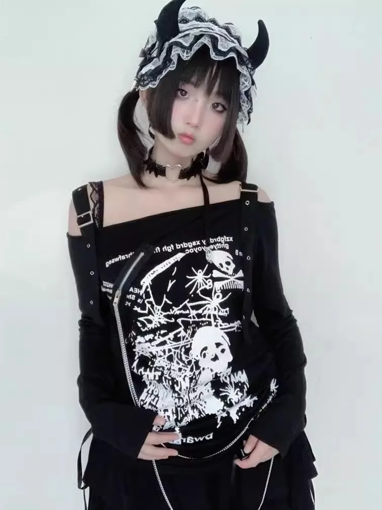 Y2K Woman Clothing arcane stitch T-shirts 2025 Goth Punk Off