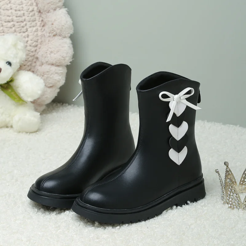 

YQBTDL Lolita Style Five Heart Print Princess Ankle Boots Autumn 2022 Black White Knot Thick Bottom Falt Heel Party Shoes Women