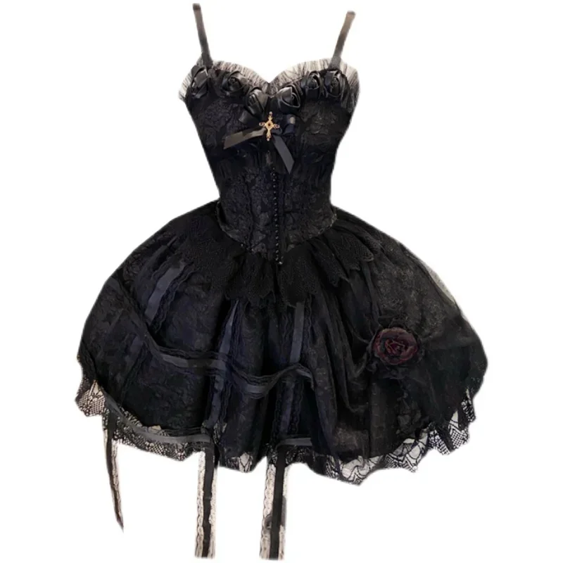 

Original Lolita Harajuku Gauze Lace Splicing Black Sexy Dress Hot Girl Fashion Temperament Kawaii Sweet Sling Dress