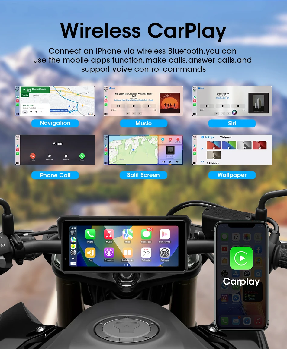 Srnubi 5/8,1 Zoll tragbare Motorrad-GPS-Navigation, kabelloses Carplay/Android Auto 4K-Kamera, Moto DVR, wasserdichter Bluetooth-Monitor – Detail 3