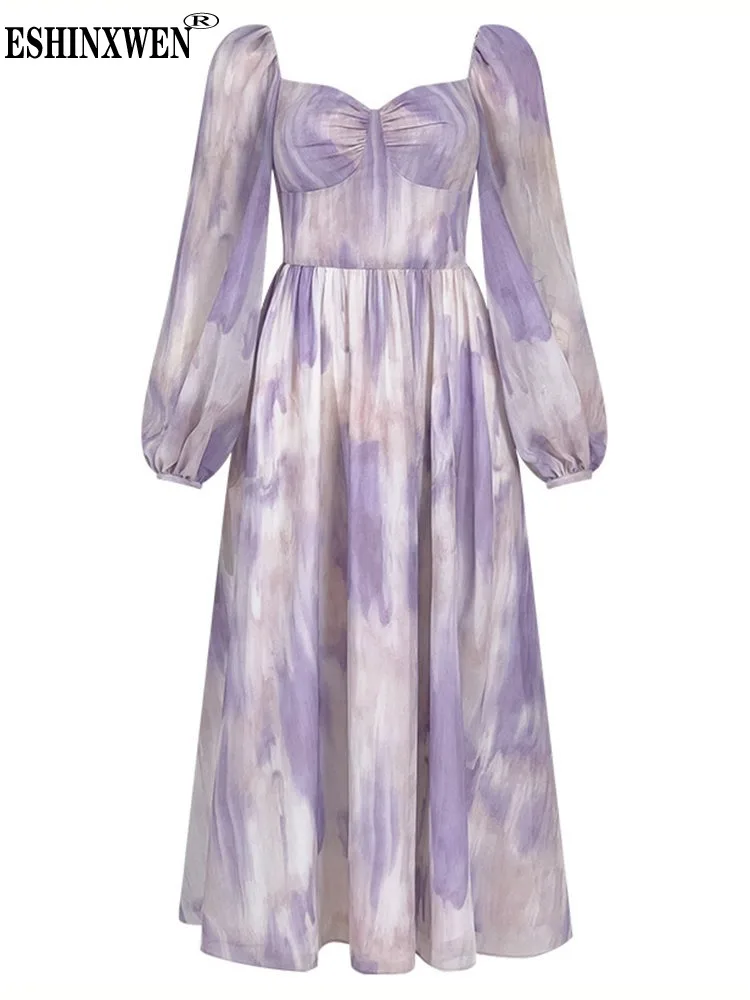 

Eshin 2023 Autumn New Purple Print Contrast Dress Lantern Long Sleeve High Waist Back Bandage Design Dresses For Women TH4493