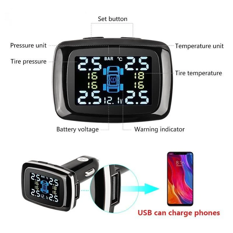 Car TPMS Tire Pressure Monitor System Alarm Cigarette Lighter USB Display Auto Security Sensor decoration accessories car tire pressure monitor car tire pressure sensor