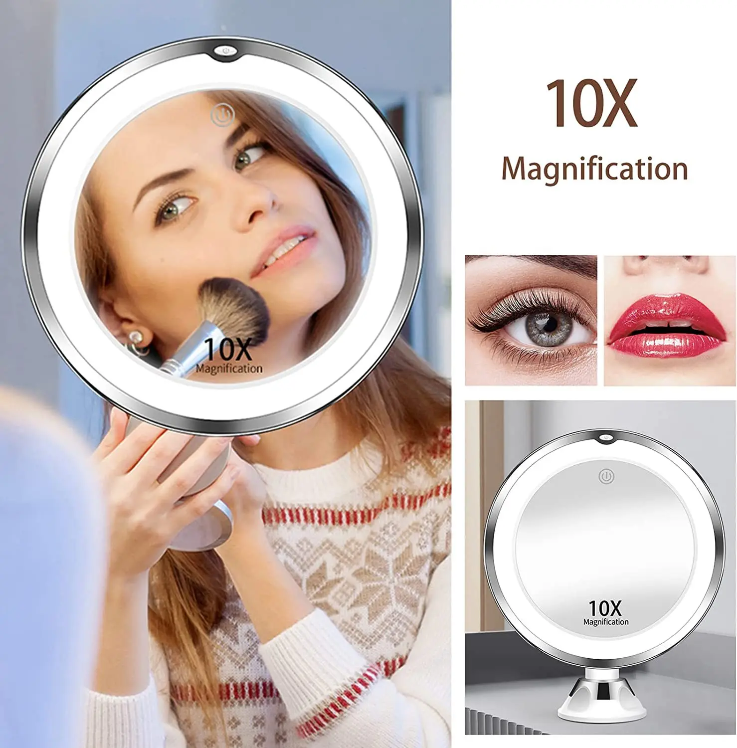 360 회전 LED 조명 화장품 거울, 10X 터치 스크린, USB 충전식 휴대용 드레서 화장품 거울