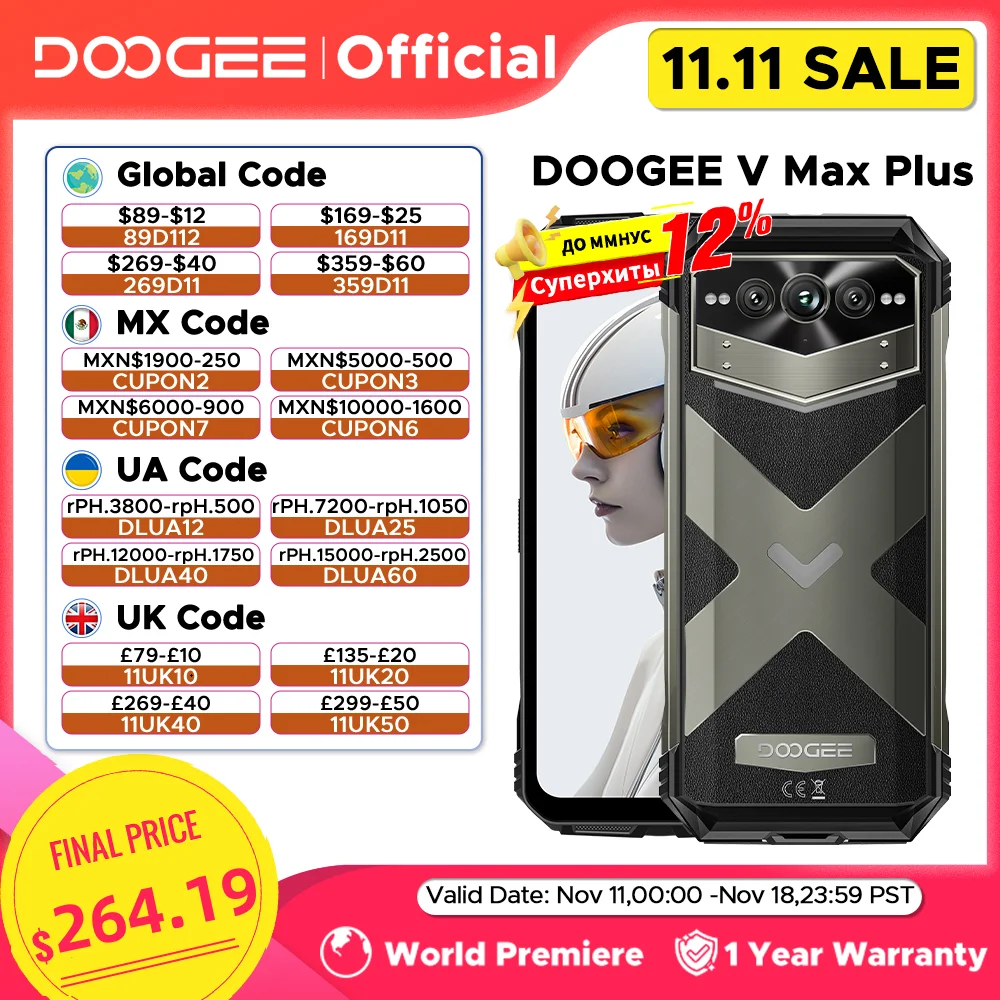 Global Version DOOGEE V Max Plus Rugged Phone 6.58" 120Hz 36GB(16+20) 512GB 200MP Ai Camera 22000mAh Lighting effect Android 14 cell phone mobile phone