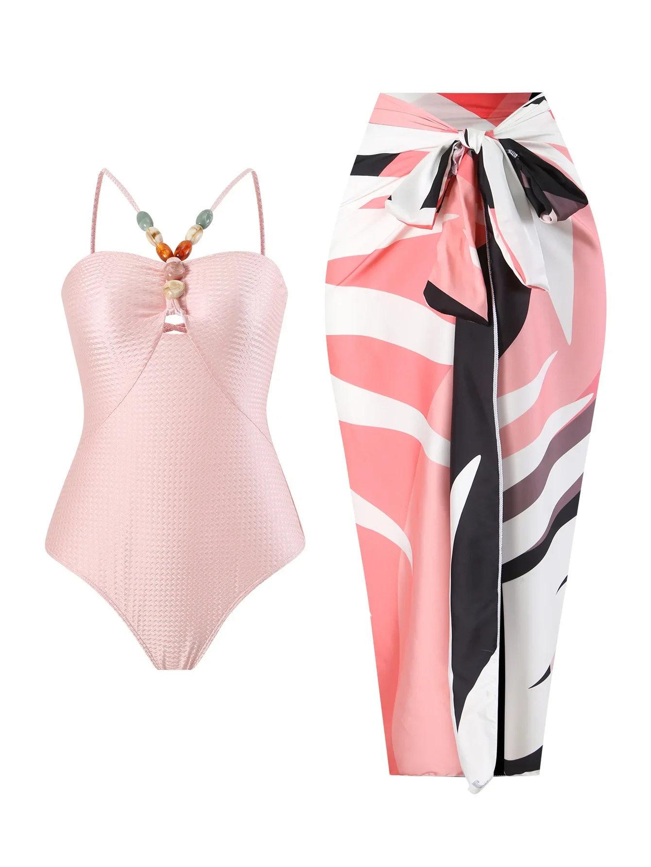 2024 V Neck Gradient Color Cut Out One Piece Swimsuit with Cover-Up Women's Fashion Beach Swimwear Skirt Luxury Bikini Beachwear