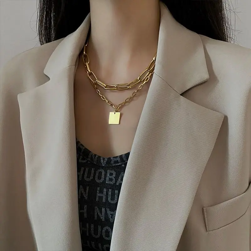 

European and American New Popular Exaggerated Thick Chain Square Brand Fashion Gold Double Layer Necklace