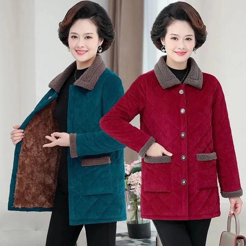 

Хлопковое пальто для женщин среднего возраста, осенне-зимняя куртка, Повседневная Вельветовая верхняя одежда средней длины, одежда с хлопковой подкладкой 5XL