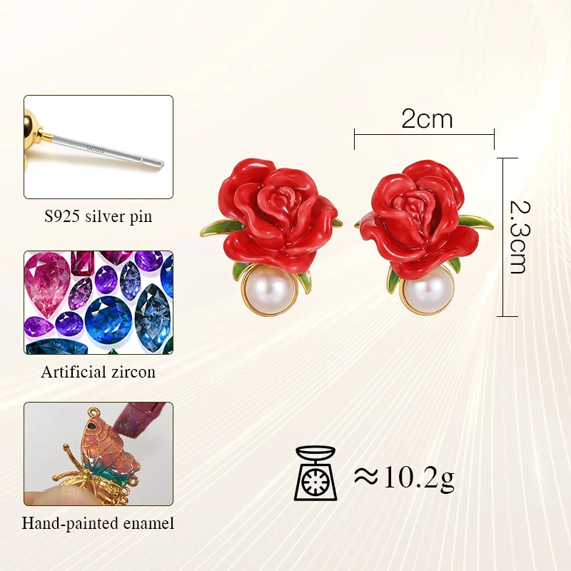 Juicy Grape Red Rose Pearl Earrings for Women 925 Silver Pin Elegant Jewelry Engagement Wedding Accessories Birthday Gift