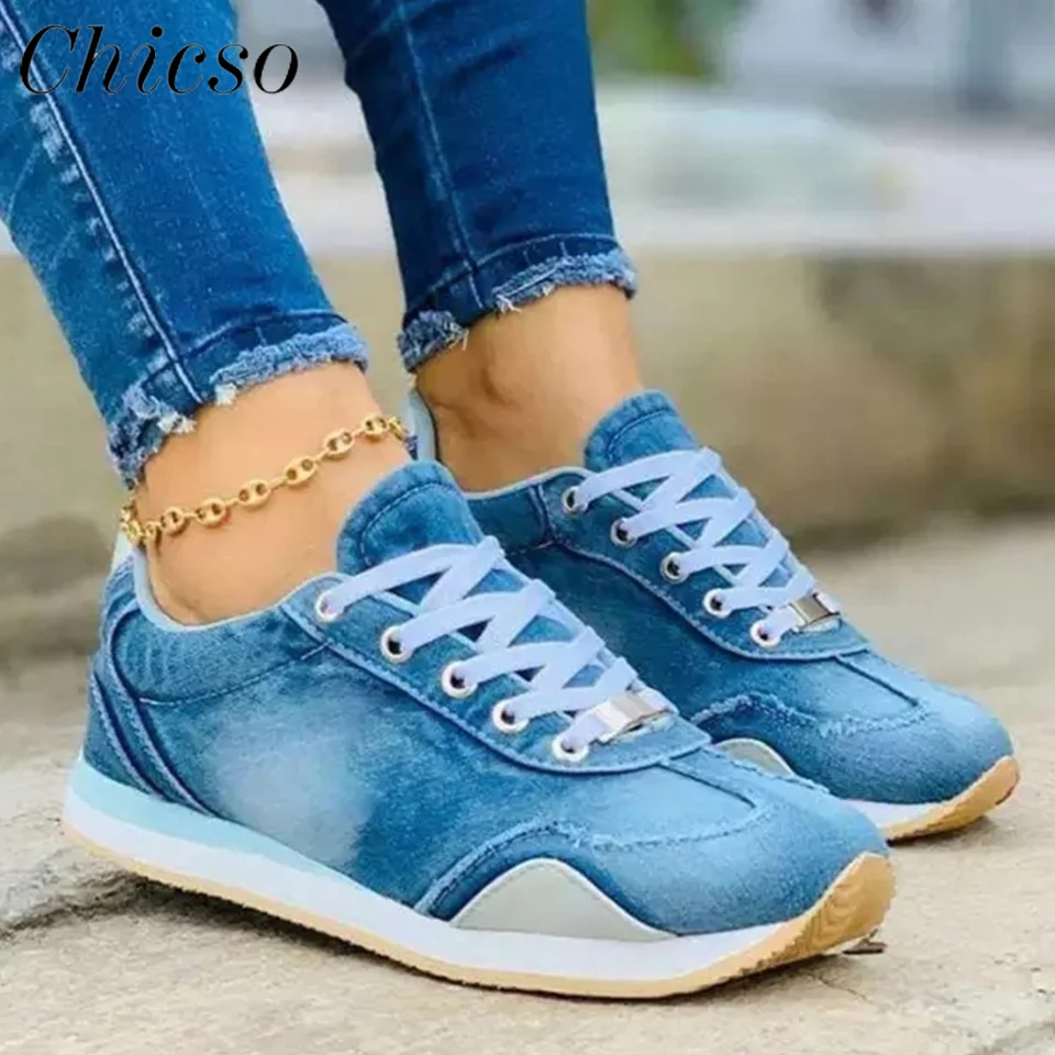 Jinveno Fashion Casual Women Flat High Top Sneakers Denim Canvas Shoes  (Blue 42) - Walmart.ca