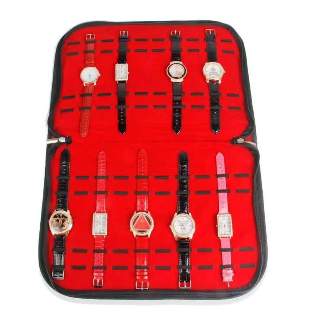 BLACK LEATHER 20 SLOT ZIPPER CASE STORAGE BOX ORGANIZER RED INTERIOR leather storage box