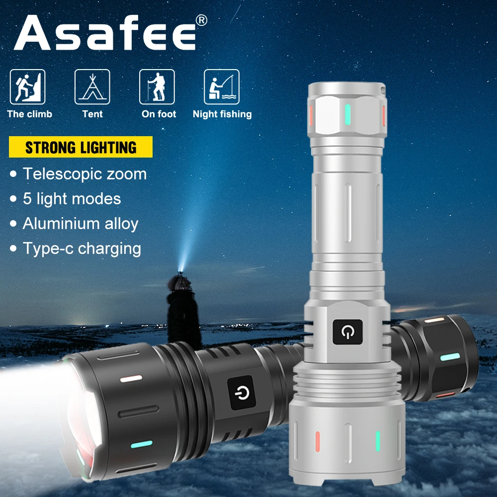 

Asafee Strong Light With Fluorescent Lighting Aluminum Alloy Flashlight USB-C Rechargeable LEP Bulb Outdoor Adventure