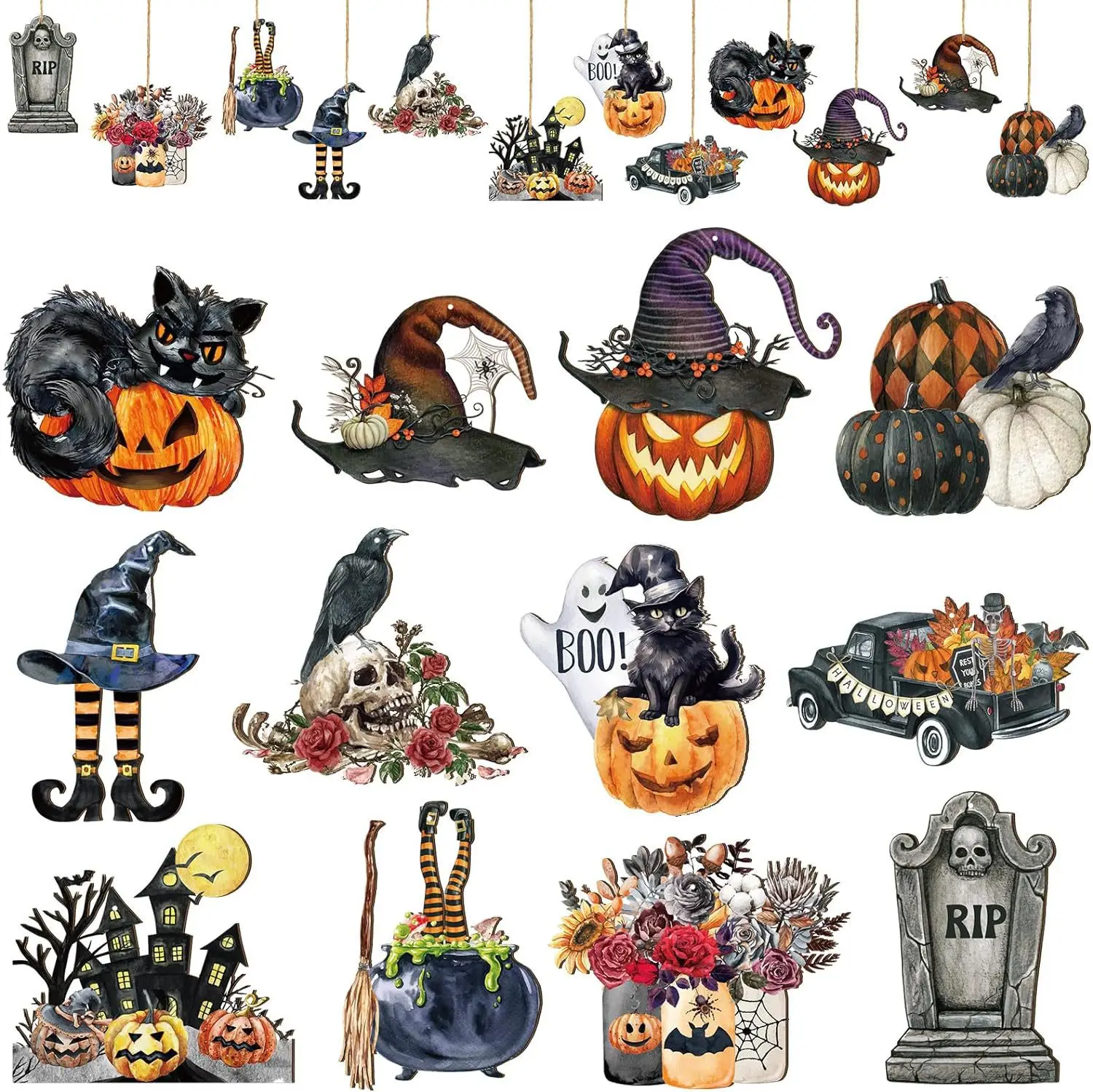 

Halloween Wood Ornaments for Tree - 36 Pcs Vintage Pumpkin Witch Black Cat Cutouts with Ropes - Home Party Hanging Decorations