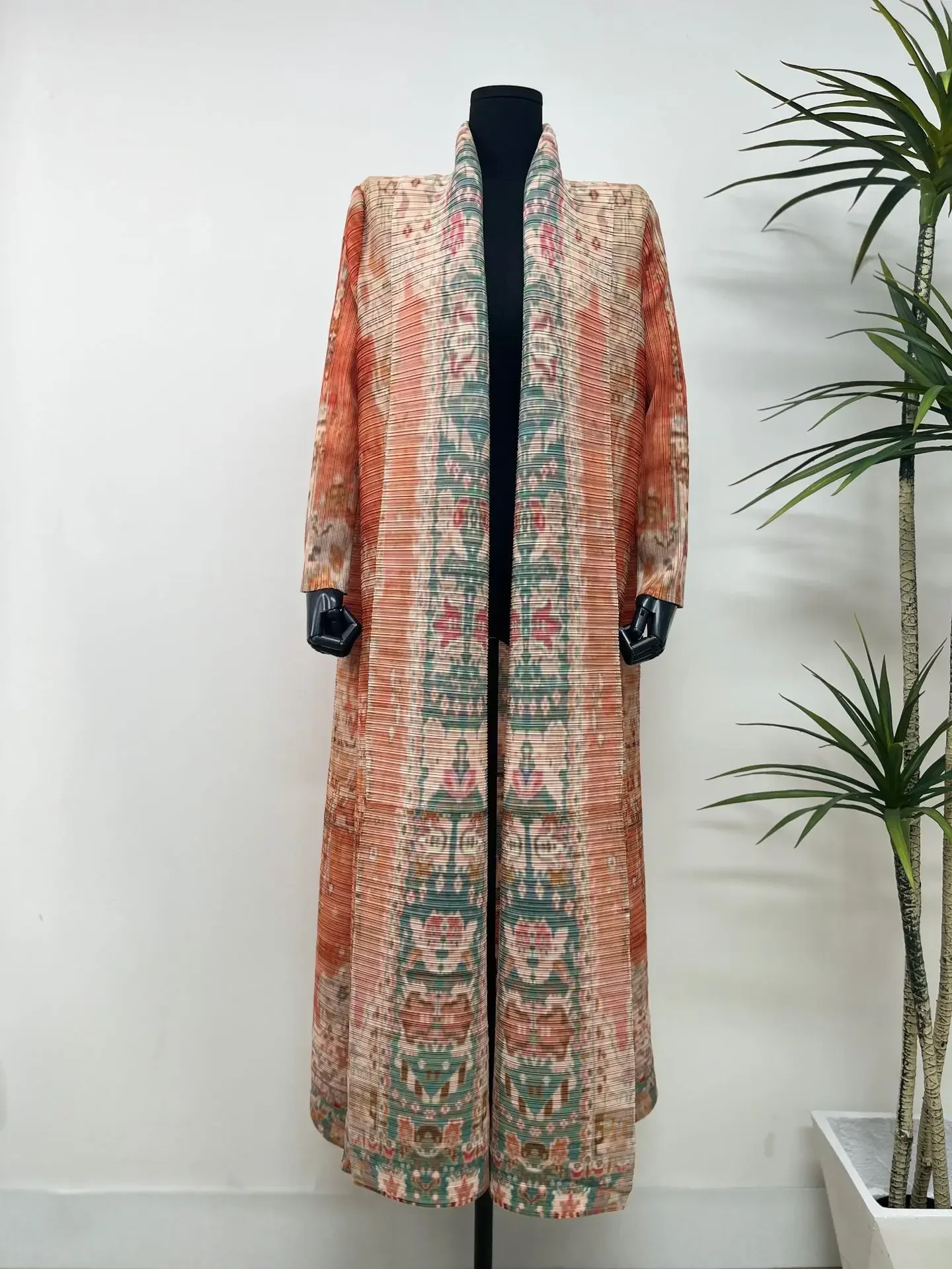 Miyake Pleated Women\'s Long Cardigan Windbreaker Coat Autumn New Ethnic Style Printing Loose Plus Size Dress Cloak Robe