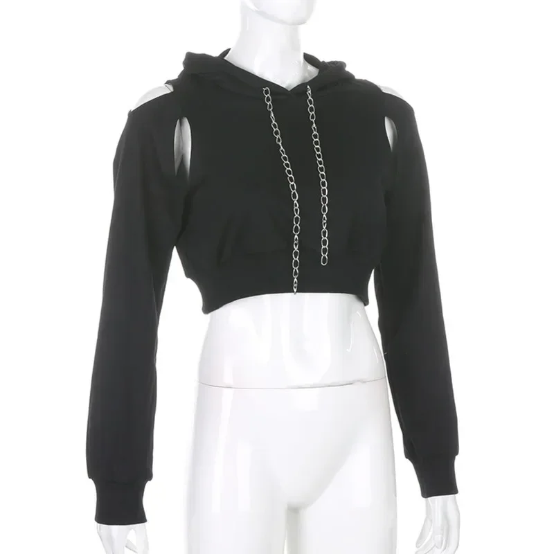 Sexy Hoodie Fashion Women Autumn Spring Long Sleeve Cut Out Chain 2024 Hoodie Short Sweatshirt Hollow Crop Top Women's Clothing