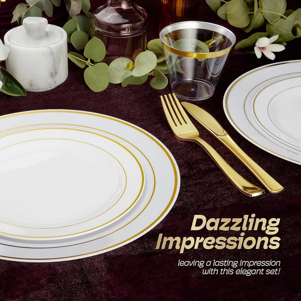 600pcs Plastic Dinnerware Set For 100 Guests Gold Plastic plates for party Premium Wedding