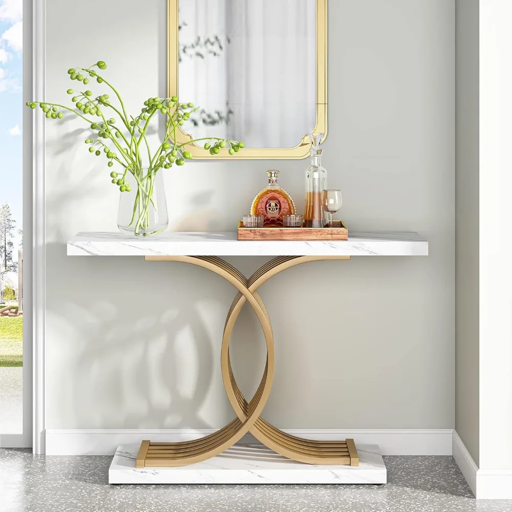 Gold Entryway Table, Modern 39-Inch Console/Accent Table with Geometric Metal Legs, Faux Marble Narrow Wood Sofa Table 3