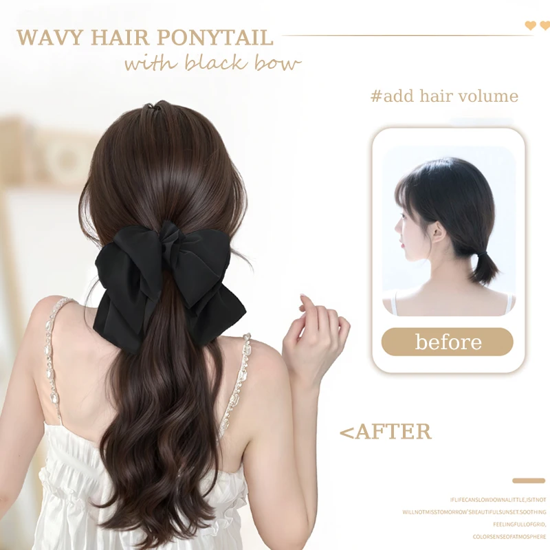 Wavy Hair Ponytail with Black Bow Wig Synthetic Claw Clip Wavy Ponytail Extensions Hairpiece with Removable Bow for Women Use