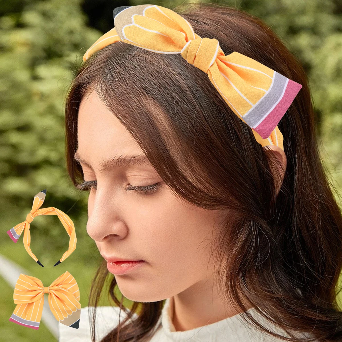 2 stücke zurück zur Schule Bogen Haars pangen Set für Mädchen niedlichen Bleistift Bogen Haarband Haars pangen Haarschmuck für Mädchen Kinder Geschenke – Detail 1