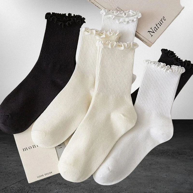 

5/10 Pairs Women Ruffle Frilly Cotton Socks Black White Novelty Funny Ankle Socks Cute Solid Cotton Breathable Fashion Crew Sock