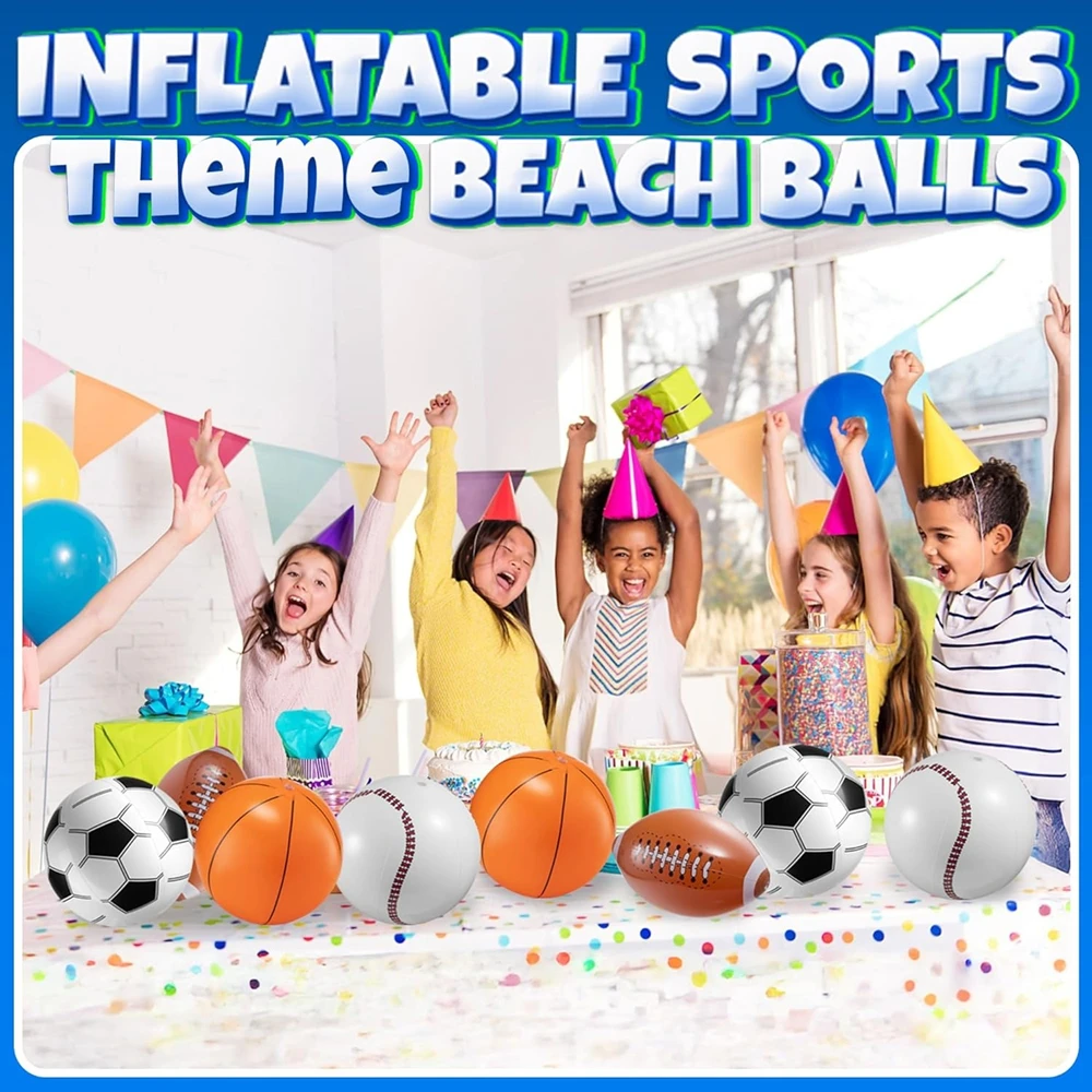 16" Inflatable Sports Beach Balls-Basketball Baseball Football Soccer for Themed Parties, Pool Toys Birthday Party Favors