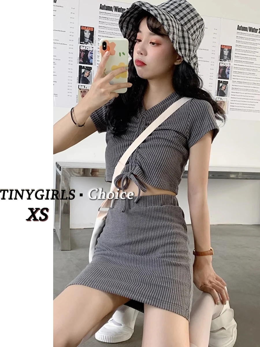 

Petite girls Casual Sexy Two-piece Knit Clothes XS Hotsweet Y2K Mini Skirt Skinny Bud Display Highet Stretch Summer Women