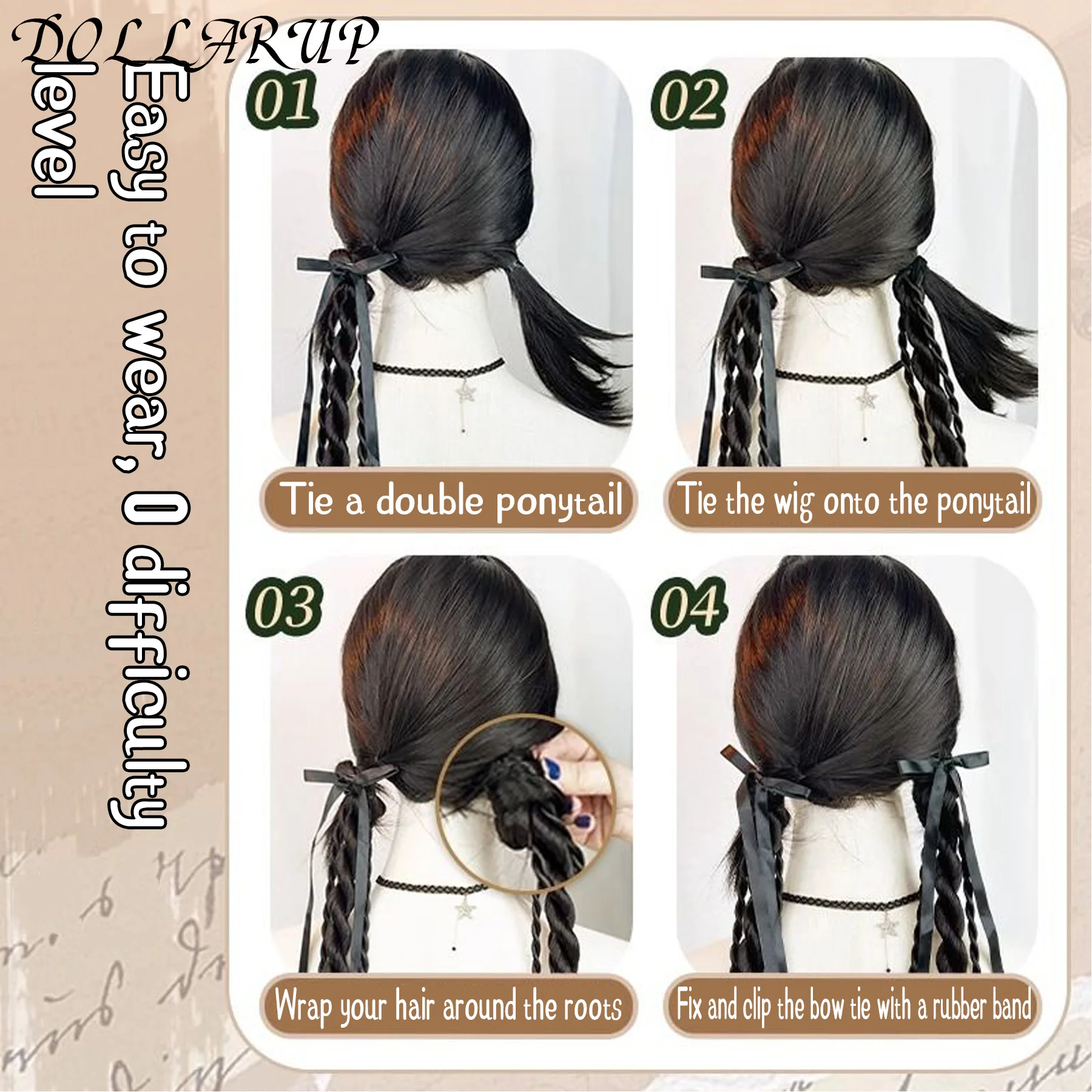 DOLLARUP ynthetic Braided Twist Braids ponytail Hair Extension Black Natural Wig Long Ponytail Hair Band Rubber Band Women's Wig