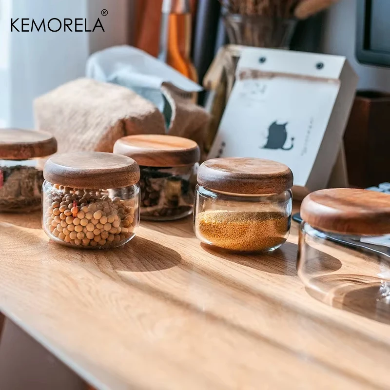 KEMORELA 330/500/750/1000ML Glass Storage Jar with Wooden Lids Countertop Seasoning Bottle Spice Jar Tea Candy Rice Pepper Jar 4