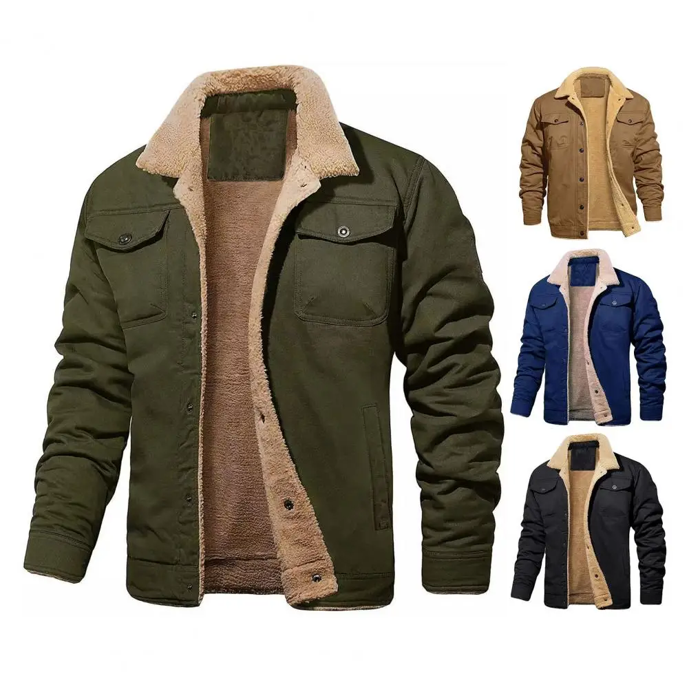 

Pocket Storage Windbreaker Thermal Plus Size Men's Mid Length Plush Cardigan Jacket Windproof Lapel Single-breasted Pockets Long
